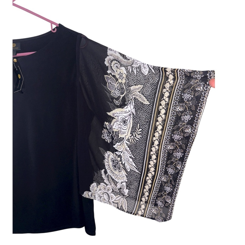 NWT JM Collection Floral Printed Kimono Overlay Sleeves Deep Black Comb Blouse M - Picture 7 of 8